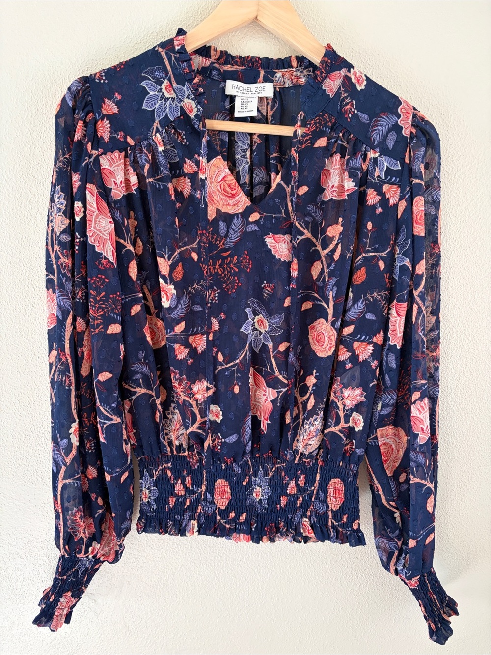 Rachel Zoe sheer floral print women’s blouse | navy blue and coral | size xs
